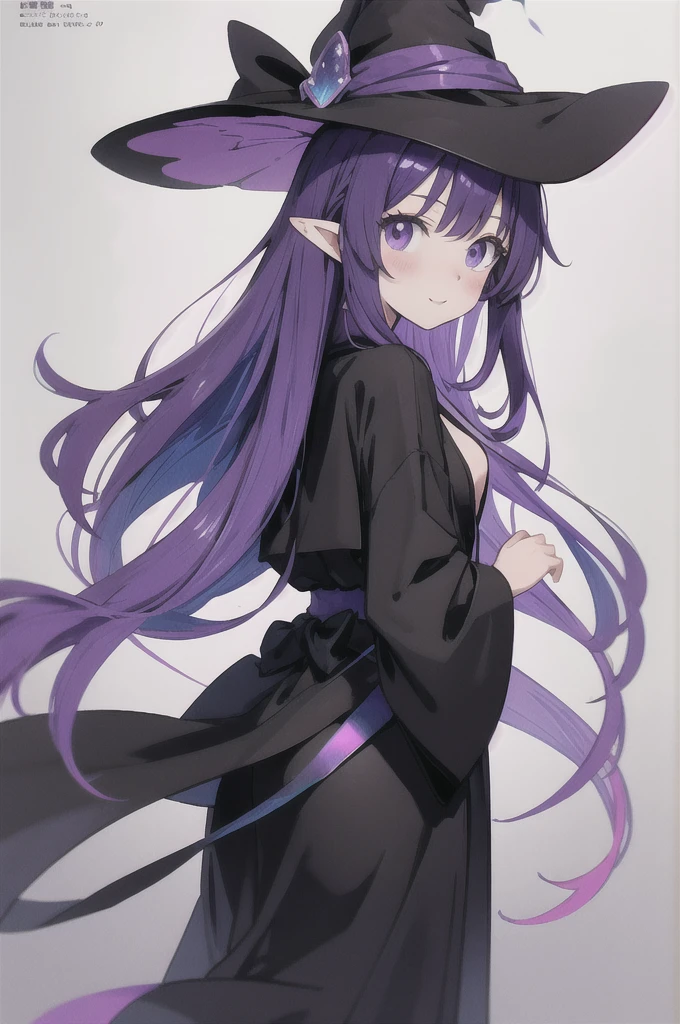 anime girl long purple hair wearing a black Robe. she has pointy ears. Witch Hat. Manga kawaii. iridescent ,An illustration, 0ne person .look back