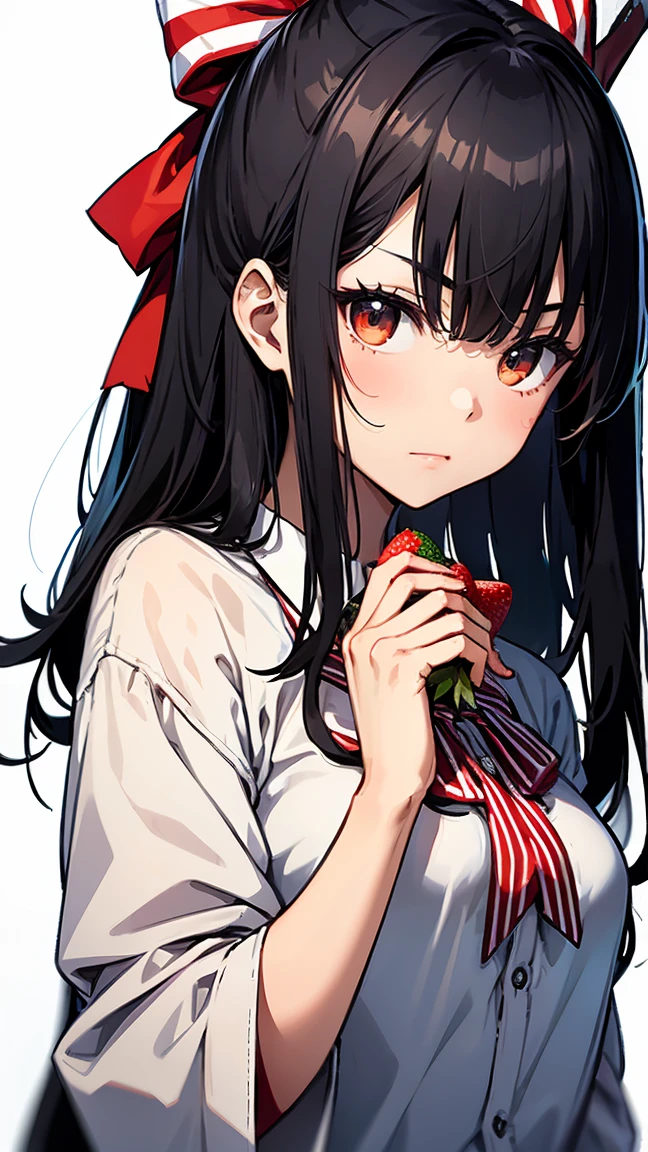 Portrait of a young Japanese female student with long straight black hair and bangs. She is wearing a white shirt and a red and blue striped bow tie. She is holding a strawberry. The background is simple and plain. The style is realistic with attention to detail and captures her calm and serious expression.