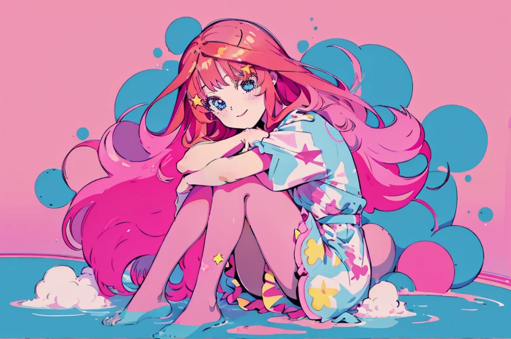 ((best quality)), ((masterpiece)), (detailed), perfect face, 1girl, nakano itsuki, smiling, whimsical, triad color pallette, hugging knees, looking at viewer, pink water droplets, smiling, flat colouring, full body, blank space on the left, fluffy red hair, star hairclips