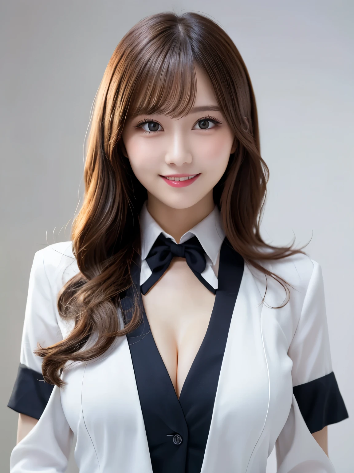 Tabletop, Highest quality, shape, Very detailed, In detail, High resolution, 8k wallpaper, Perfect dynamic composition, Beautiful details, White Magic Academy Uniform, Natural Lip, Big Breasts, Exposing the breasts,Asymmetrical Wave Hairstyle, smile, White Background