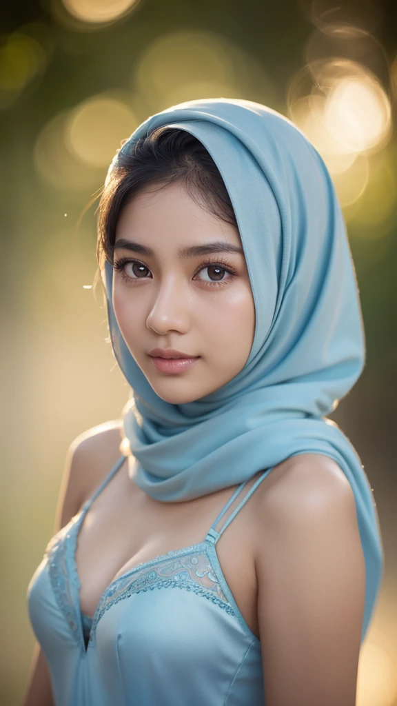 1 javanese girl, beautiful detailed eyes, beautiful detailed lips, extremely detailed face, long eyelashes, shy expression, wearing blue pastel , modern plain hijab, medium portrait shot, proportional body, watery eyes, glowing particles, light bokeh background, cinematic lighting, soft color palette, dreamlike, highly detailed, photorealistic, 8k, best quality