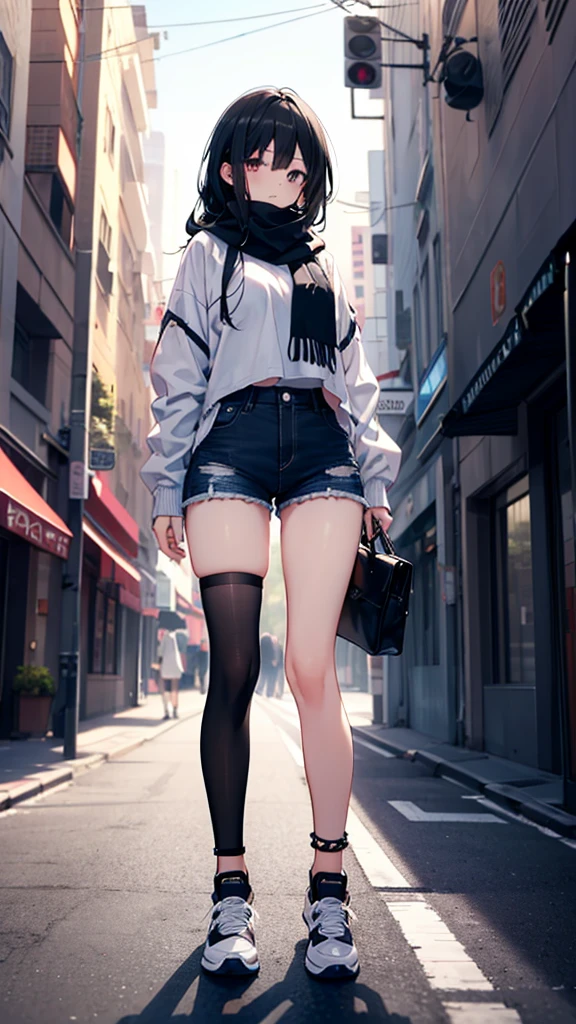 1girl,,legwear,,anklet,black hair,straight_hair,hime cut,long hair,sneakers,huge filesize,scarf，shorts