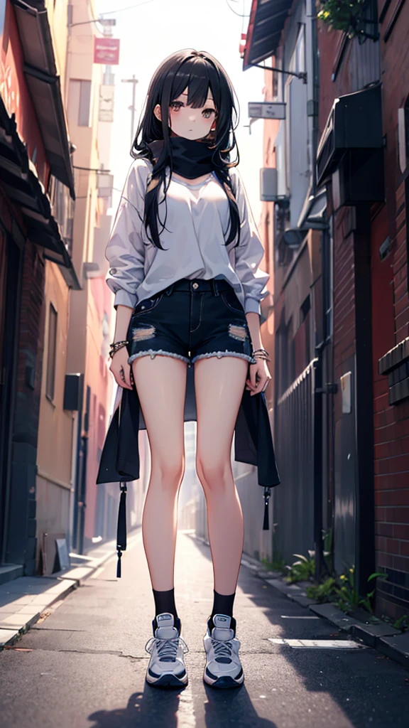 Cute girl, belly button exposed, thin legs, calf-length socks, boots