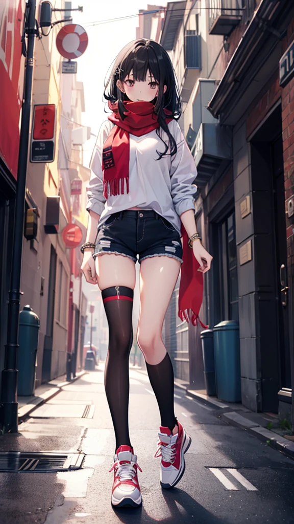 1girl,,legwear,,anklet,black hair,straight_hair,hime cut,long hair,sneakers,huge filesize,scarf,shorts