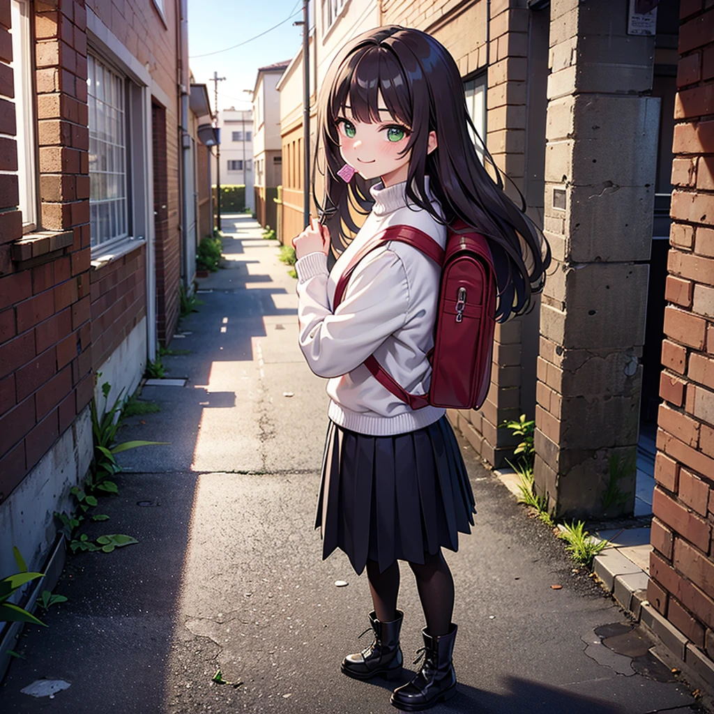 ((Highest quality)), ((masterpiece)), (detailed), Perfect Face, Cute Anime Girl, Long wavy brown hair, she is Are standing Outdoor, She smiles, She is 20 years old, She is wearing a turtleneck sweater, she is wearing a skirt, She is wearing pantyhose, She wears boots, Green Eyes, She is carrying a backpack, (School backpack:1.2), Vibrant colors, masterpiece, Sharp focus, Highest quality, Outdoor, Are standing 、Hold a condom in your mouth、A defiant smile、Lifting her skirt, a dark alley、Sit on the air conditioner&#39;s outdoor unit