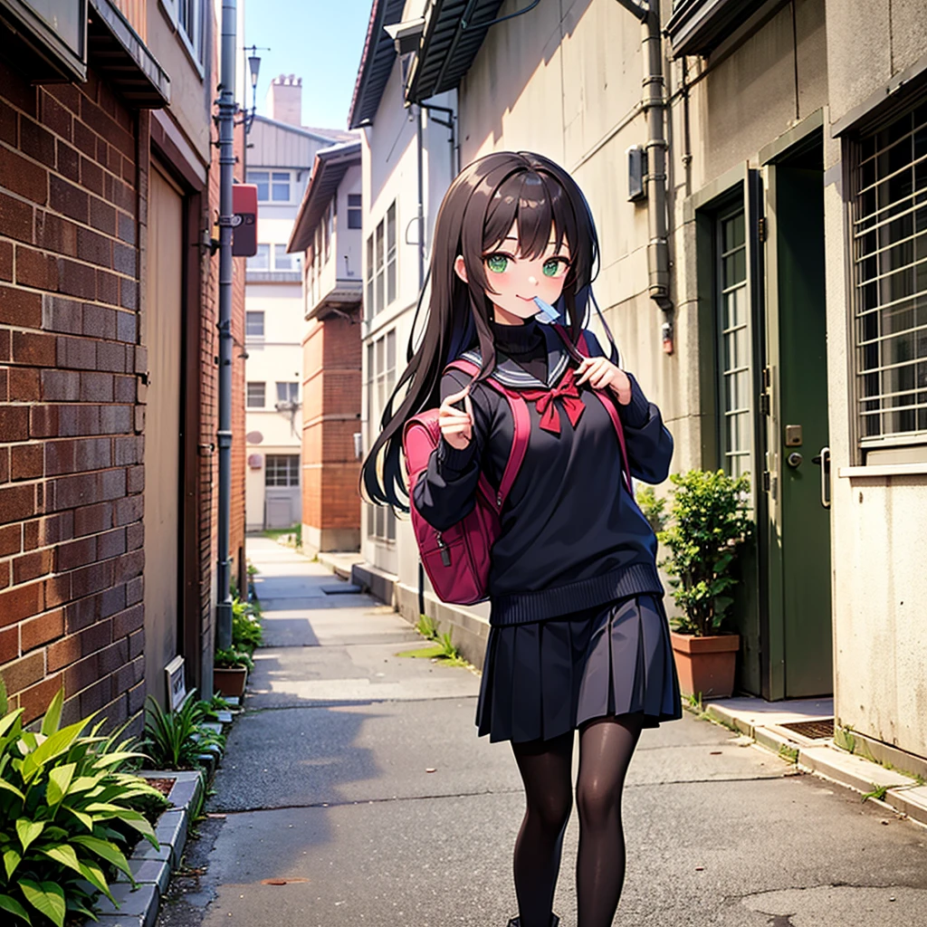 ((Highest quality)), ((masterpiece)), (detailed), Perfect Face, Cute Anime Girl, Long wavy brown hair, she is Are standing Outdoor, She smiles, She is 20 years old, She is wearing a turtleneck sweater, she is wearing a skirt, She is wearing pantyhose, She wears boots, Green Eyes, She is carrying a backpack, (School backpack:1.2), Vibrant colors, masterpiece, Sharp focus, Highest quality, Outdoor, Are standing 、Hold a condom in your mouth、A defiant smile、Lifting her skirt, a dark alley、Sit on the air conditioner&#39;s outdoor unit