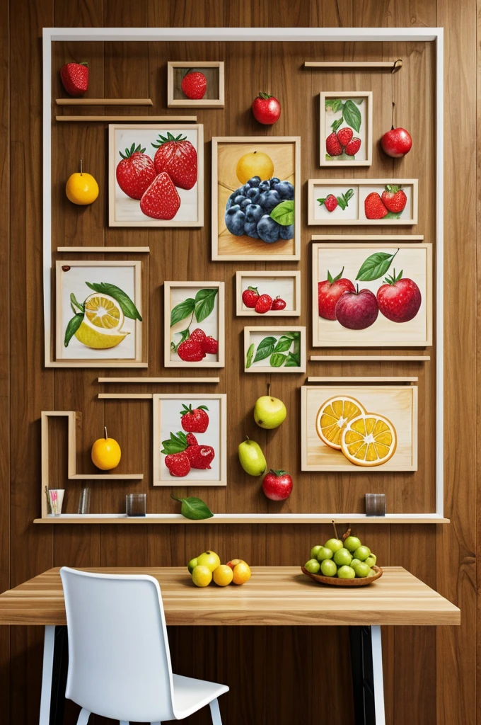in one corner of the board wall is a table filled with local fruit drawing