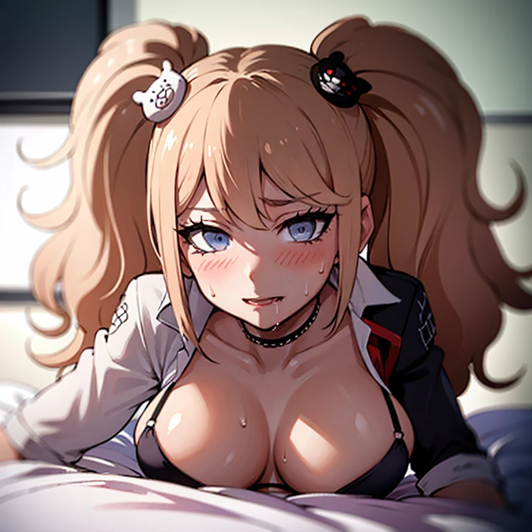 hot seductive mature woman, junko enoshima, curvy body, fluffy pigtails, choker, black bikini, blushing a lot on cheeks and nose, lying on the side in bed, very sweaty, messy hair, sharp blue eyes, beautiful face, safe for work, drooling, smooth skin, full body, face closeup, full body