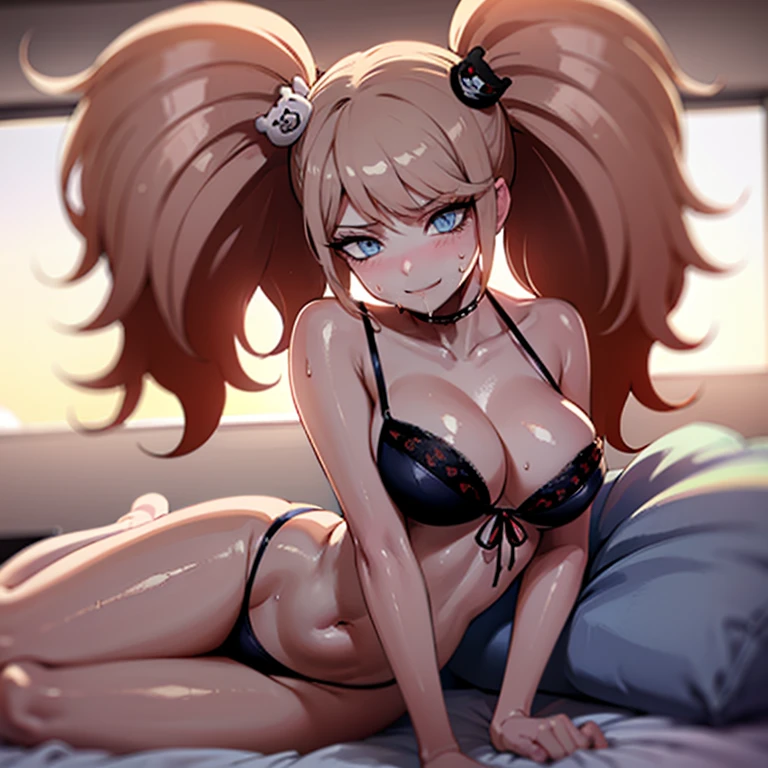 hot  mature woman, junko enoshima,  body, fluffy pigtails, choker, black bikini, blushing a lot on cheeks and nose, lying on the side in bed, very sweaty, messy hair, sharp blue eyes, beautiful face, safe for work, drooling, smooth skin, full body, face closeup, full body
