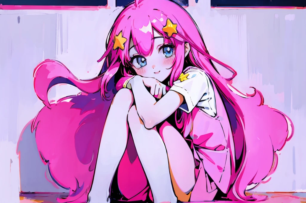 ((best quality)), ((masterpiece)), (detailed), perfect face, 1girl, nakano itsuki, smiling, whimsical, triad color pallette, hugging knees, looking at viewer, pink water droplets, smiling, flat colouring, full body, blank space on the left, fluffy red hair, star hairclips