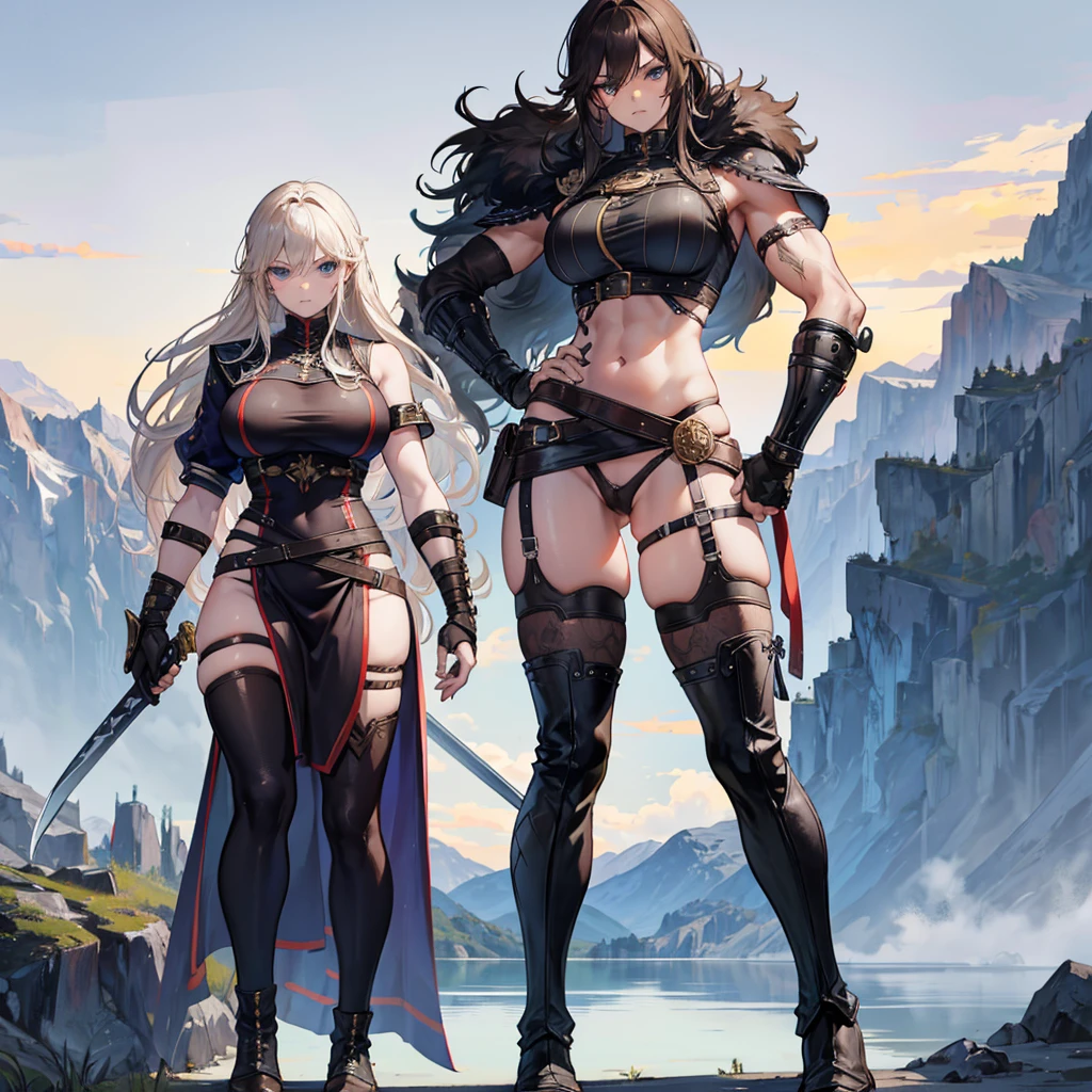 Black Viking left arm tattoo design, a full body muscular viking man and beautiful blond woman showing big busty and butt without any clouds showing vagina, muscular legs, holding big sword with right hand, brown hair divided with bangs, perfect eyes, wearing warrior leather shoes, wearing warrior boots, lake and mountains in the background.