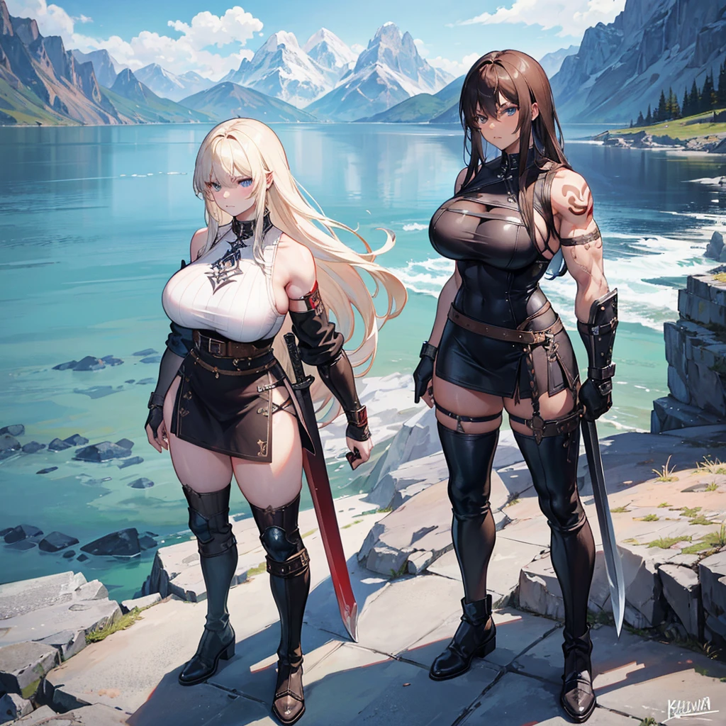Black Viking left arm tattoo design, a full body muscular viking man and beautiful blond woman showing big busty and butt without any clouds showing vagina, muscular legs, holding big sword with right hand, brown hair divided with bangs, perfect eyes, wearing warrior leather shoes, wearing warrior boots, lake and mountains in the background.