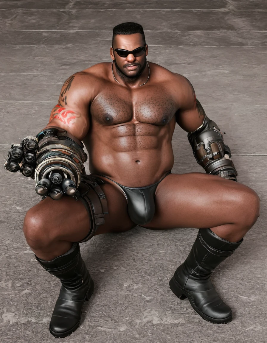 barret, dark skin male with gun arm and tattoo, sunglasses, bulk , shirtless , (black g-string) , full body , black boots , bulge , laying spread legs