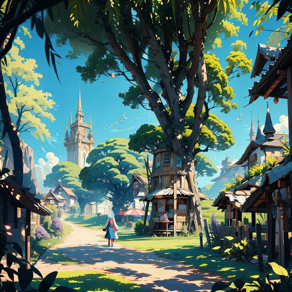 anime style, in ELVEN VILLAGE, long shot, Quaint, pathways lined with lilacs. Elven villagers in the background, going about their daily activities.