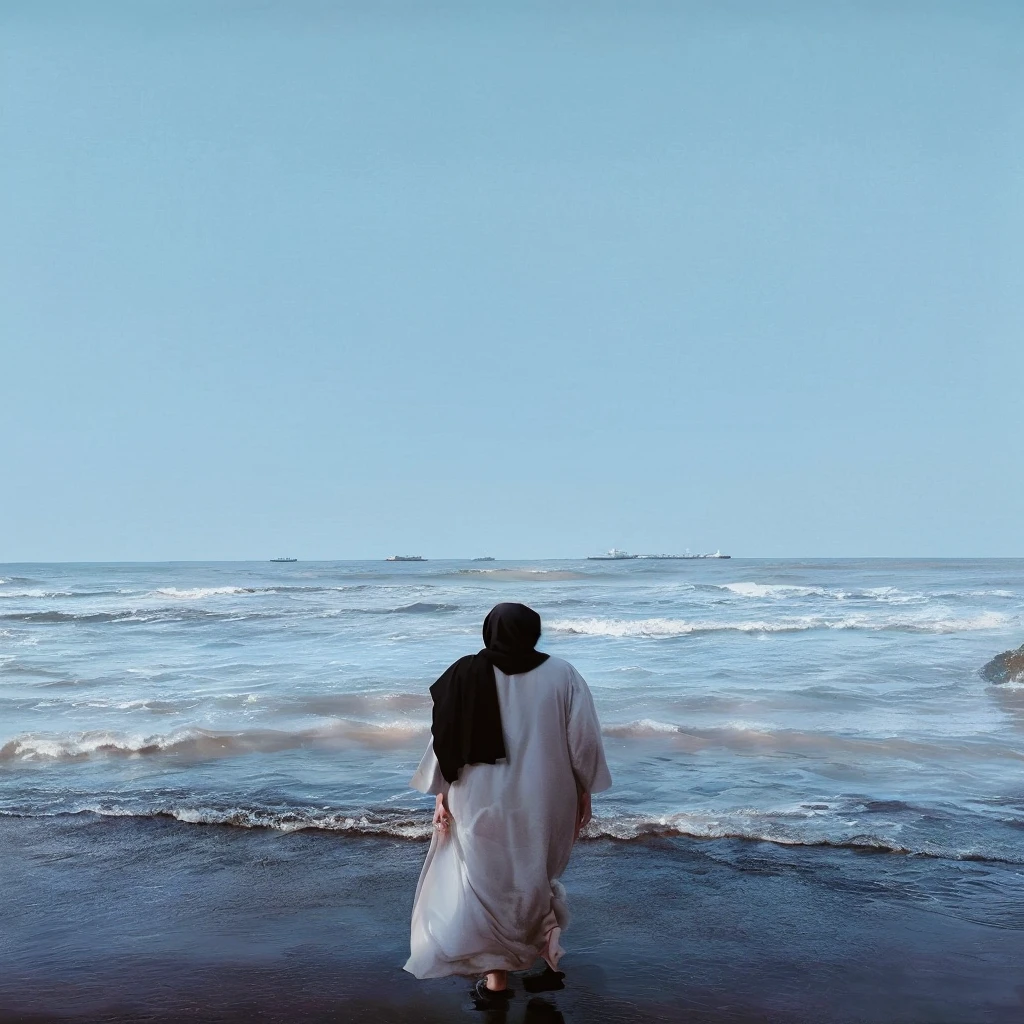 Create a watercolor painting of a person standing at the edge of the sea, facing the horizon. The scene should depict gentle waves lapping at the shore and a clear sky overhead. The person is dressed in a flowing, light-colored robe with a dark headscarf, their back facing the viewer. The composition should emphasize the serene and tranquil atmosphere, capturing the interplay of light and shadow on the water and the person's clothing. Use soft, fluid brushstrokes and pastel colors to create a dreamy, soothing effect.