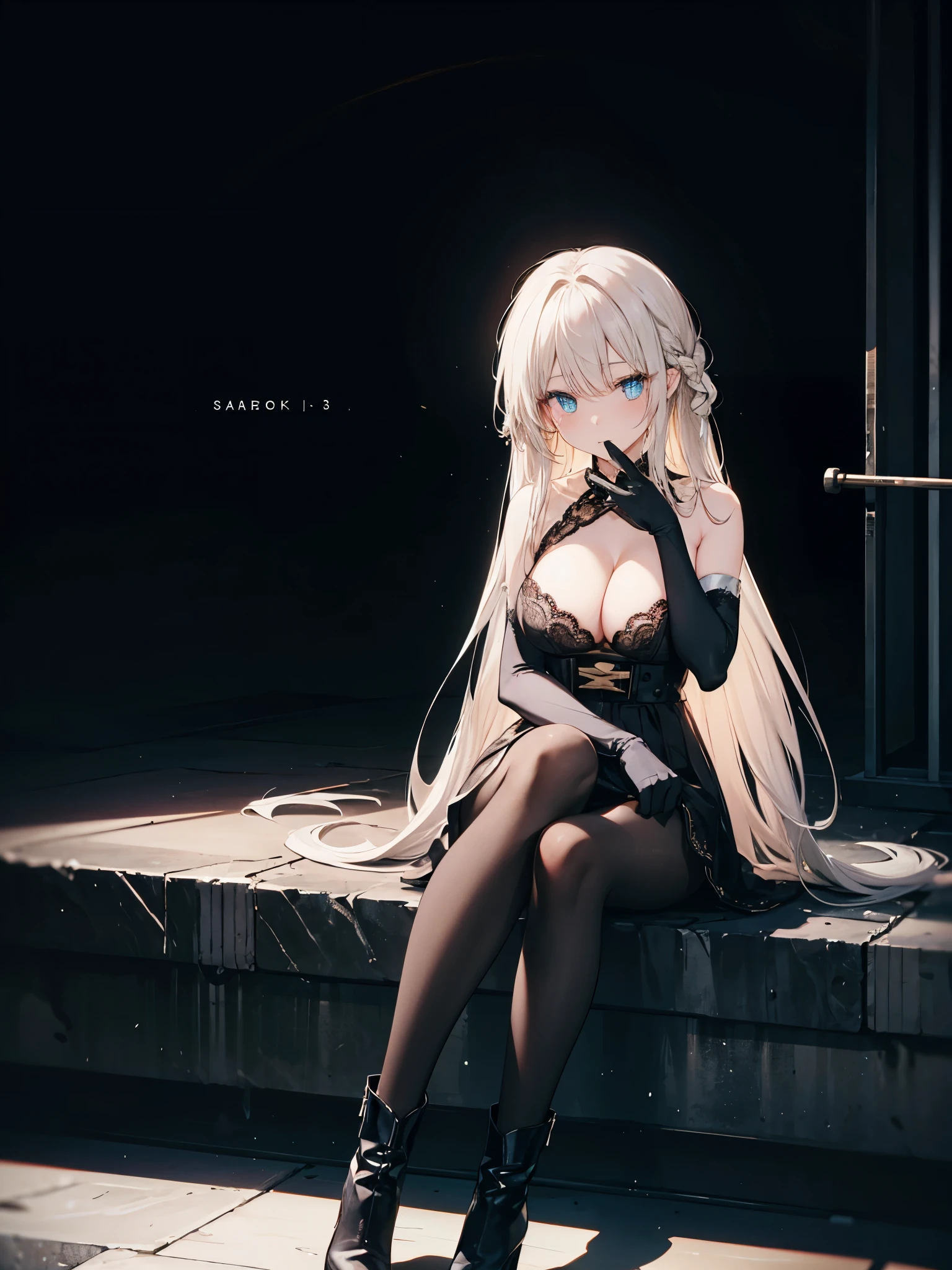 ,long hair,straight_hair,bright_pupils,cleavage,slender_waist,ankle_boots,elbow_gloves,1girl,white_pantyhose,lace,