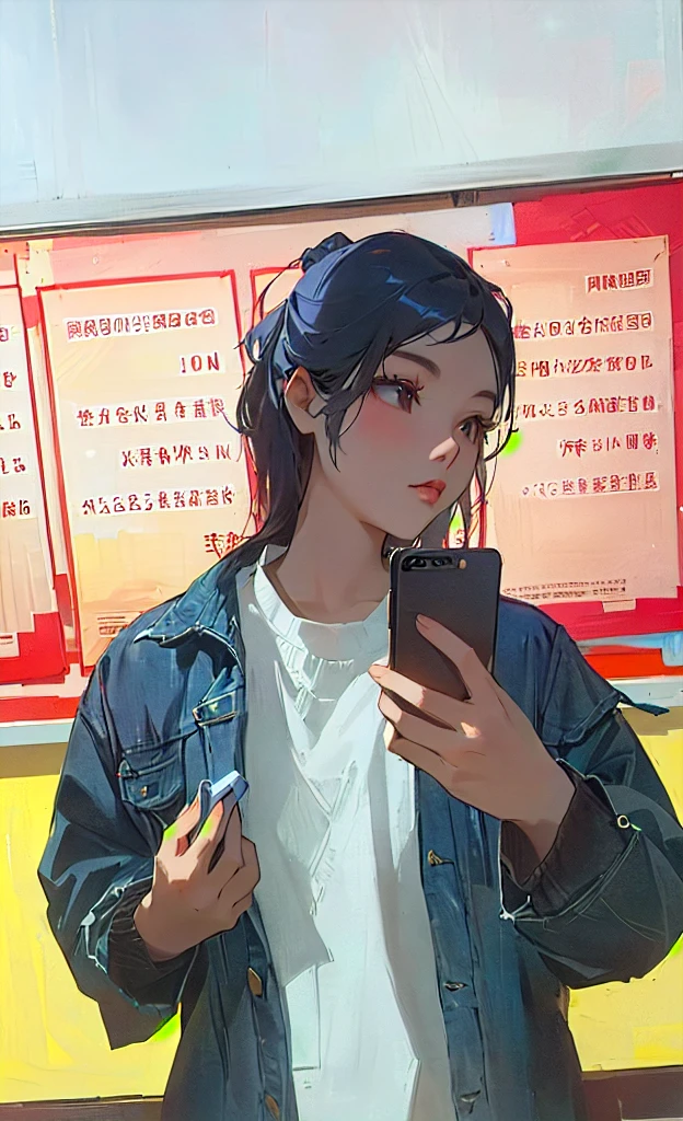A woman standing in a room looking at her phone, xintong chen, li zixin, xision wu, wenfei ye, open, cai xukun, Selfie of a young woman, qifeng lin, Gemma Chan, 20 years old, yanjun chengt, Xue Han, Inspired by Ye Xin, 23 Years Old Denim Jacket,Half-tied head