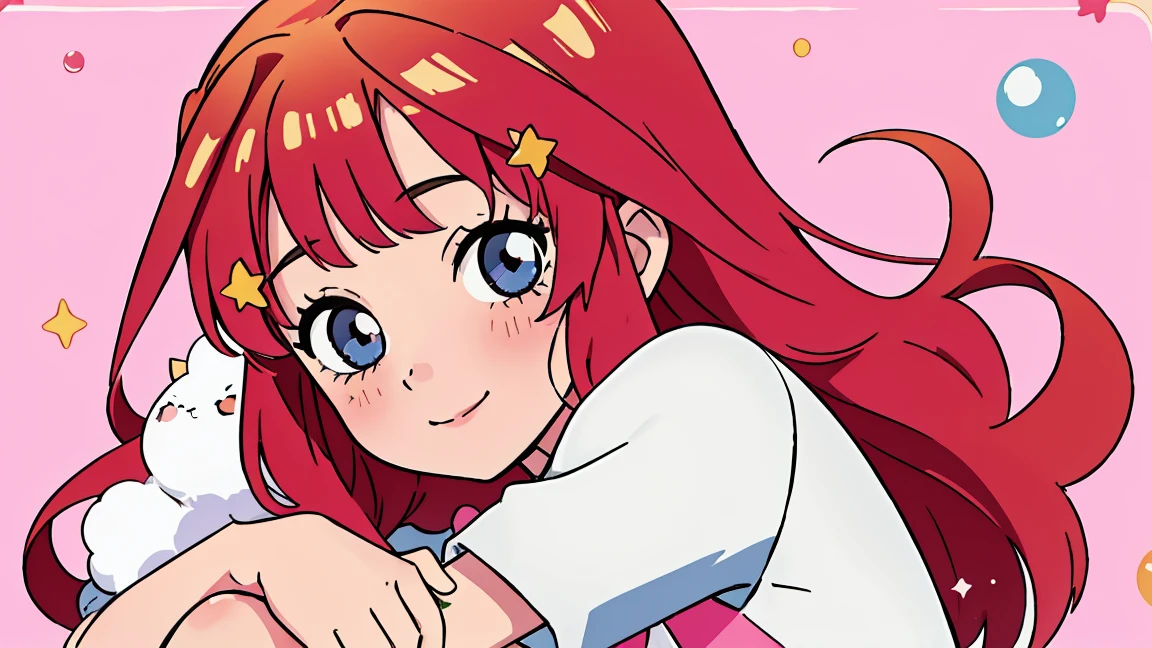 ((best quality)), ((masterpiece)), (detailed), perfect face, 1girl, nakano itsuki, smiling, whimsical, triad color pallette, hugging knees, looking at viewer, pink water droplets, smiling, flat colouring, full body, blank space on the left, fluffy red hair, star hairclips