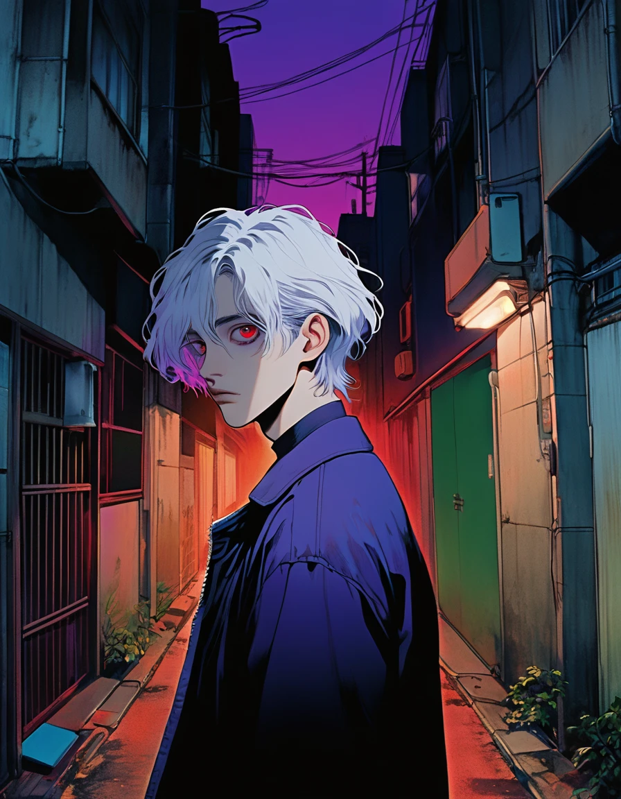 illust、art、from 80s horror movie, directed by Junji Ito、The silver-haired young man turns around、looking at the camera、Back Alley、A lonely city、Slit eyes、Beautiful Boy、Black Costume、Stylish、high detail, realsitic shadow、Analog style, vhs style, 8mm film, chromatic aberration, Dvd screengrab、Blue-purple and red-purple gradation、Surrealism