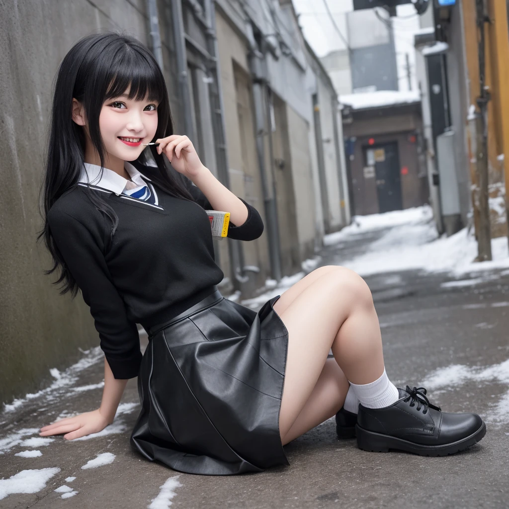 Tabletop、Highest quality、Girl 1、Ultra-detailed　Black-haired、Blunt bangs　High school girl、skirt short skirt、Leather shoes　Soft thighs　　Snow Town、Hold a condom in your mouth、A defiant smile、Lifting her skirt, a dark alley、Sit on the air conditioner&#39;s outdoor unit