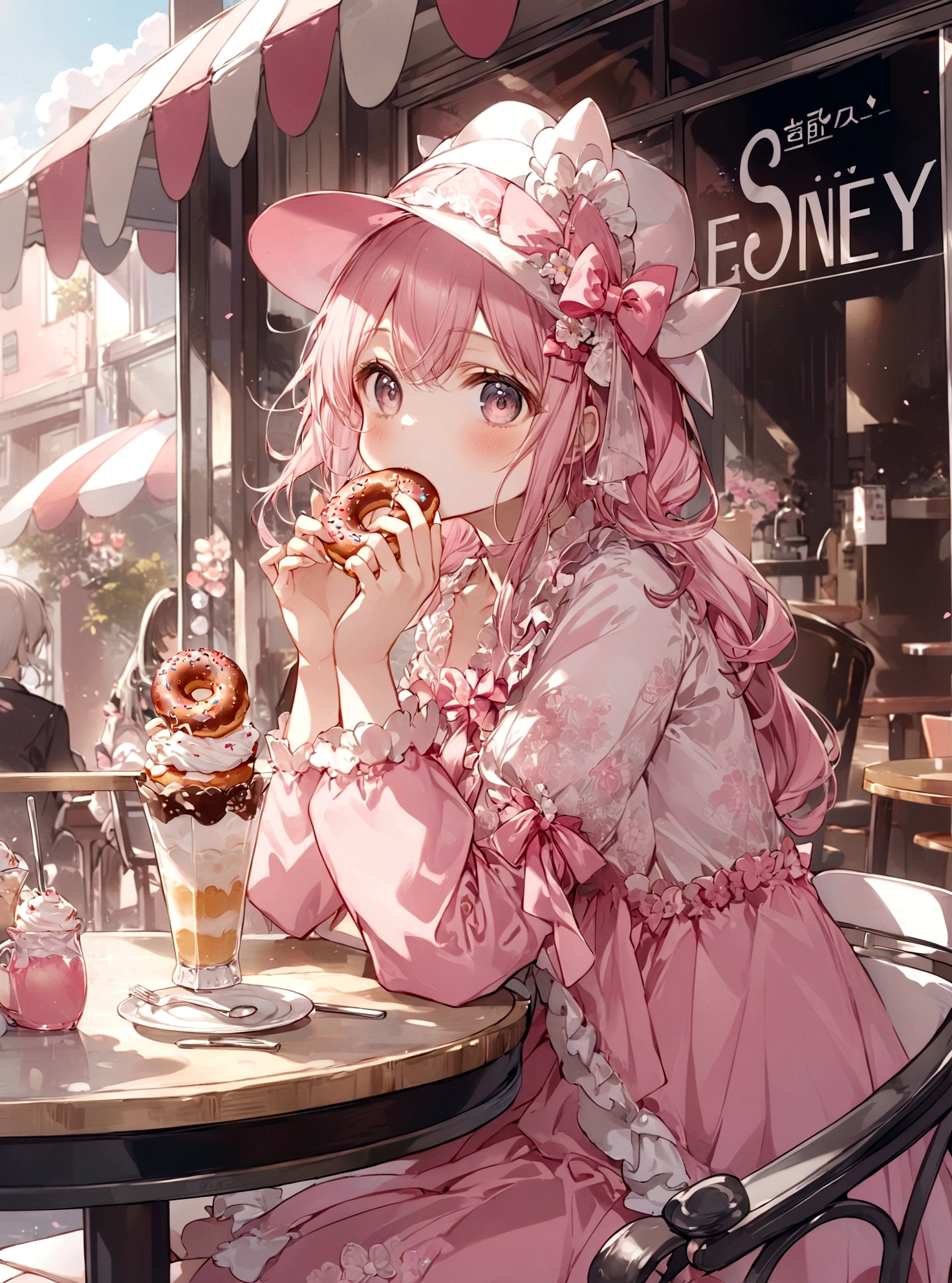 anime girl in pink dress eating a donut at a table, kawacy, anime visual of a cute girl, anime art wallpaper 4k, anime art wallpaper 4 k, anime art wallpaper 8 k, cute anime girl, 4k anime wallpaper, best anime 4k konachan wallpaper, splash art anime , anime style 4 k