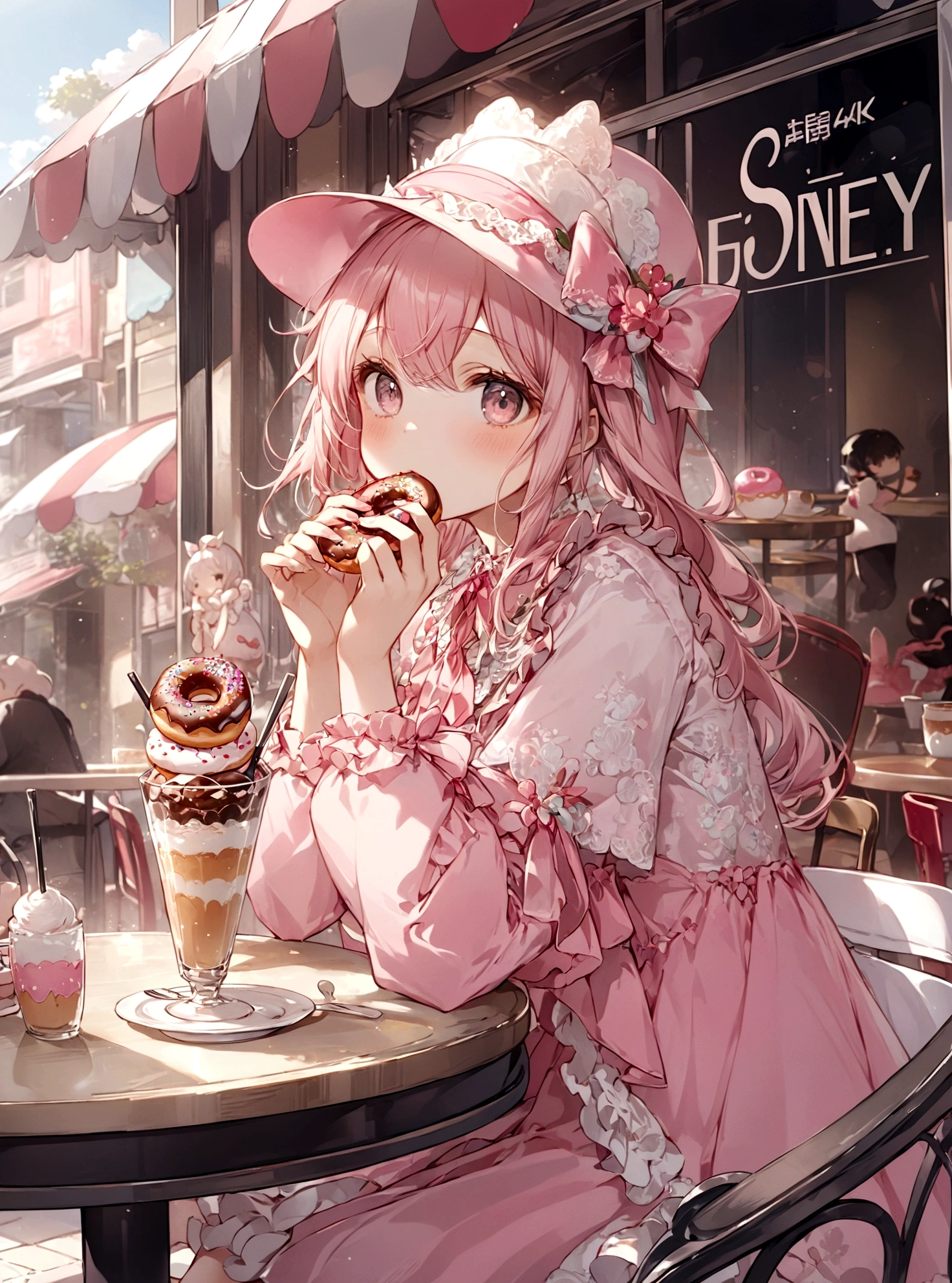 anime girl in pink dress eating a donut at a table, kawacy, anime visual of a cute girl, anime art wallpaper 4k, anime art wallpaper 4 k, anime art wallpaper 8 k, cute anime girl, 4k anime wallpaper, best anime 4k konachan wallpaper, splash art anime loli, anime style 4 k