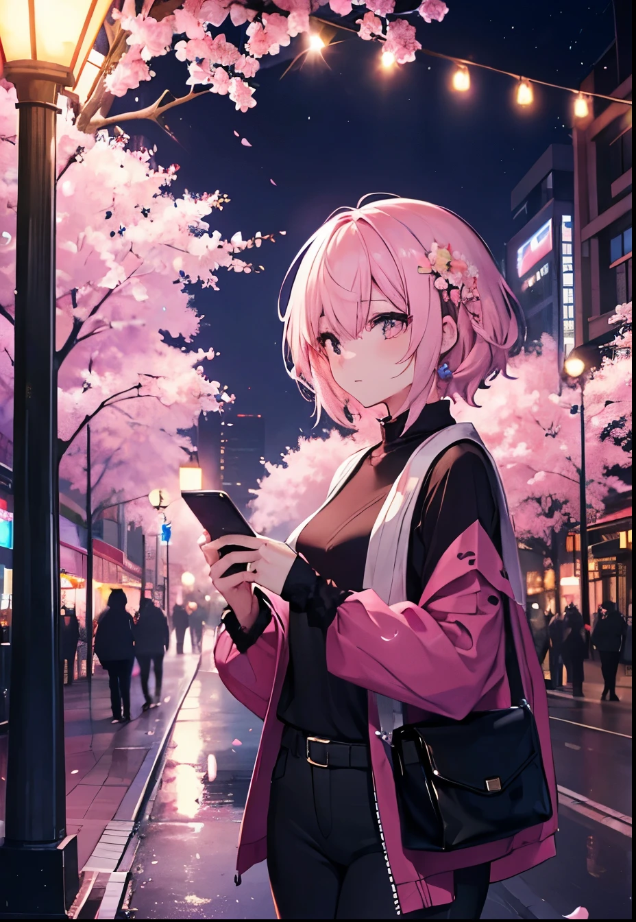 Beautiful woman, Lighted street at night, Fidgeting with smartphones, hot pants, Fragrant pink flowers, Passersby, Night view gradation, Fine details, Subtle Tones, Silence on the screen.