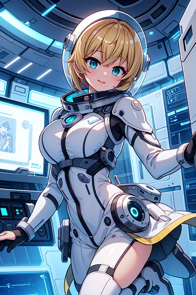 One girl, blonde_hair, 一人in,(Space Helmet):6, green_eye, Looking_in_Audience,green色_White_Futuristic_diving_suit, Realistic, chest, short_hair, lips, Moderate_chest, cyborg_Enhancements, expensive_technology_armor, underwiner, Coral_Reef, tropical_fish, sunlight_light, Futuristic_breinhing_apparinus,Smile