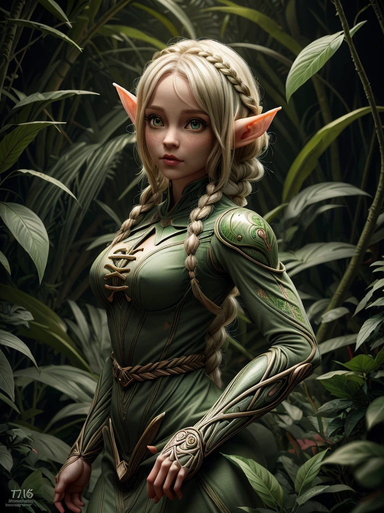 female cute elf, (anatomical biometrical hands), in a jungle, two braid hair, perfect body shape, ((wearing cute elf dress)), cute face, full body, looking back (hyper detailed eyes, hyper detailed face), 16k, 8k, RAW photo, best quality, masterpiece, high detail RAW color photo, dramatic lighting, cinematic lighting, back light, professional lighting