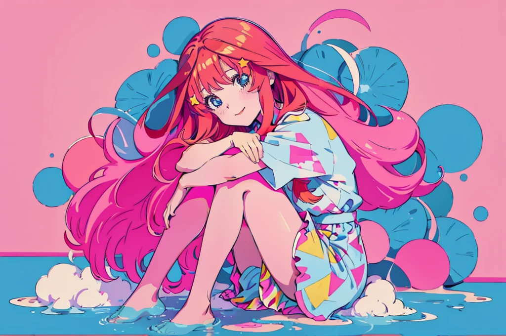 ((best quality)), ((masterpiece)), (detailed), perfect face, 1girl, nakano itsuki, smiling, whimsical, triad color pallette, hugging knees, looking at viewer, pink water droplets, smiling, flat colouring, full body, blank space on the left, fluffy red hair, star hairclips