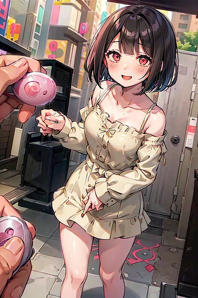 4K，One Girl, MS. end，thin，Very short stature，Very thin thighs，Blunt bangs，Short dress shirt, Half sleeves，Red Suspender Mini Skirt，blush, smile, Bobcut, Black Hair，Vibrant colors, ahegao，A lot of love juice drips down her thighs onto the floor，(remote_play))，remote-vibrating-egg，((Someone else's hand holding a pink round remote control:1.3))、Ecstatic expression，Accurate and detailed female fingers，nsfw