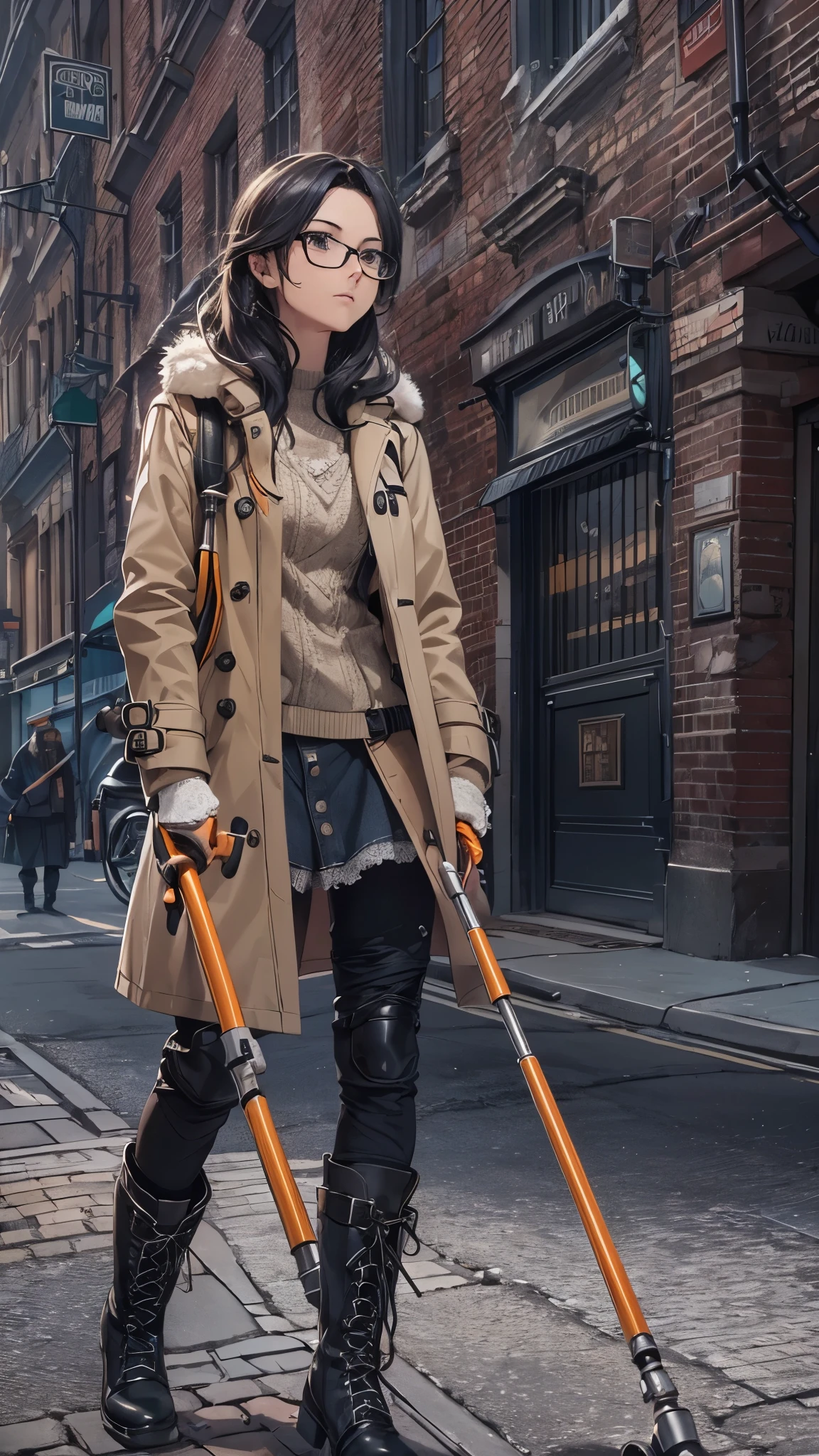 (Very detailed, Realistic), Cityscape, [moderately:Oil], [Professional:1.1], [Physically Based Rendering], [Bright colors], [Sharp focus], [Studio Lighting], [Extreme Detail], [Highest quality,4K,8K,High resolution,masterpiece:1.2],(Detailed face),Outside the street,((One 18-year-old woman)),(Glasses),(Black unkempt hair),(dark),(it hurts),(Scary),[Nervous eyes],((She walks with crutches,Crutch length from armpit,Crutches are at her side)),((Her feet are turned inwards)),(winter clothes ladies fashion,trench coat,tights),((lace-up-long-boots)),(gloves,Knee pads),.