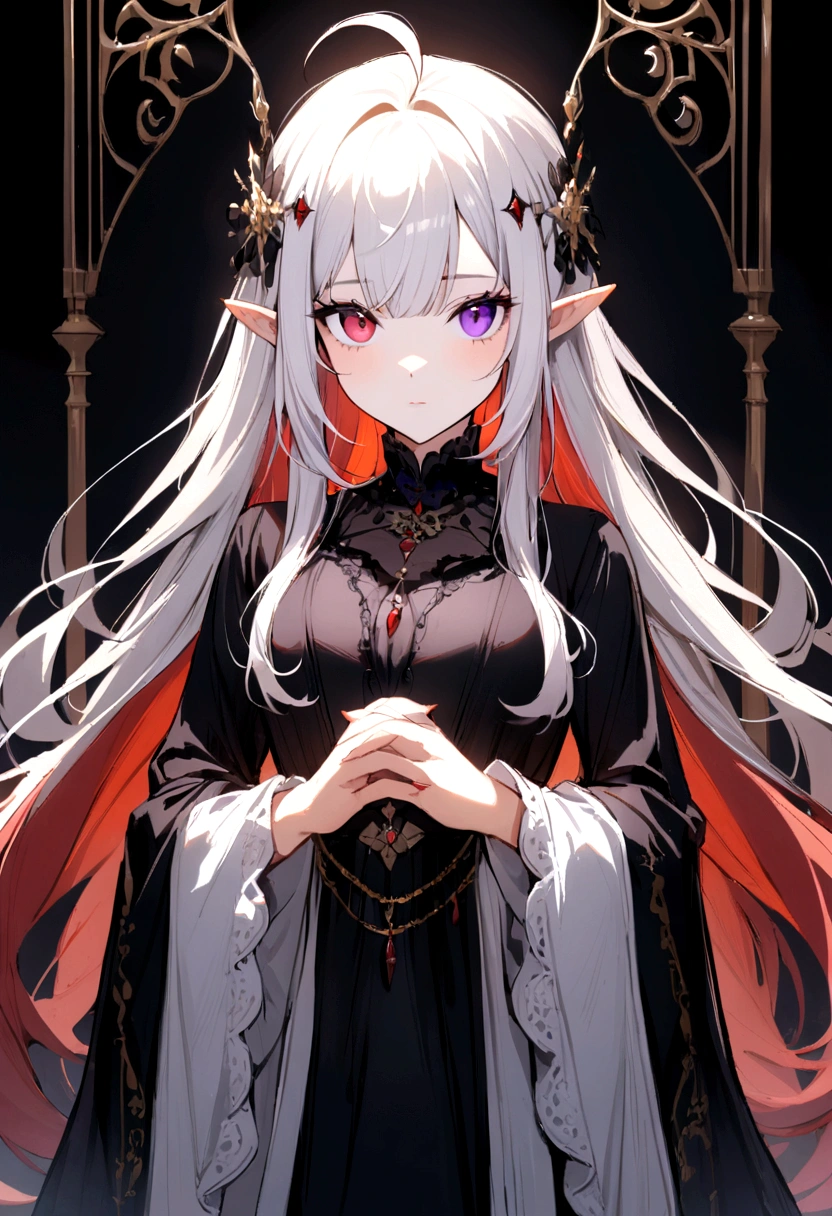 , (masterpiece:1.2), best quality,midjourney,
1girl, solo, long hair, white hair, looking at viewer, long sleeves, black dress, dress, own hands together, ahoge, very long hair, shirt, bangs, red hair, hair ornament, heterochromia, multicolored hair, pointy ears, purple eyes, white background, white shirt, closed mouth