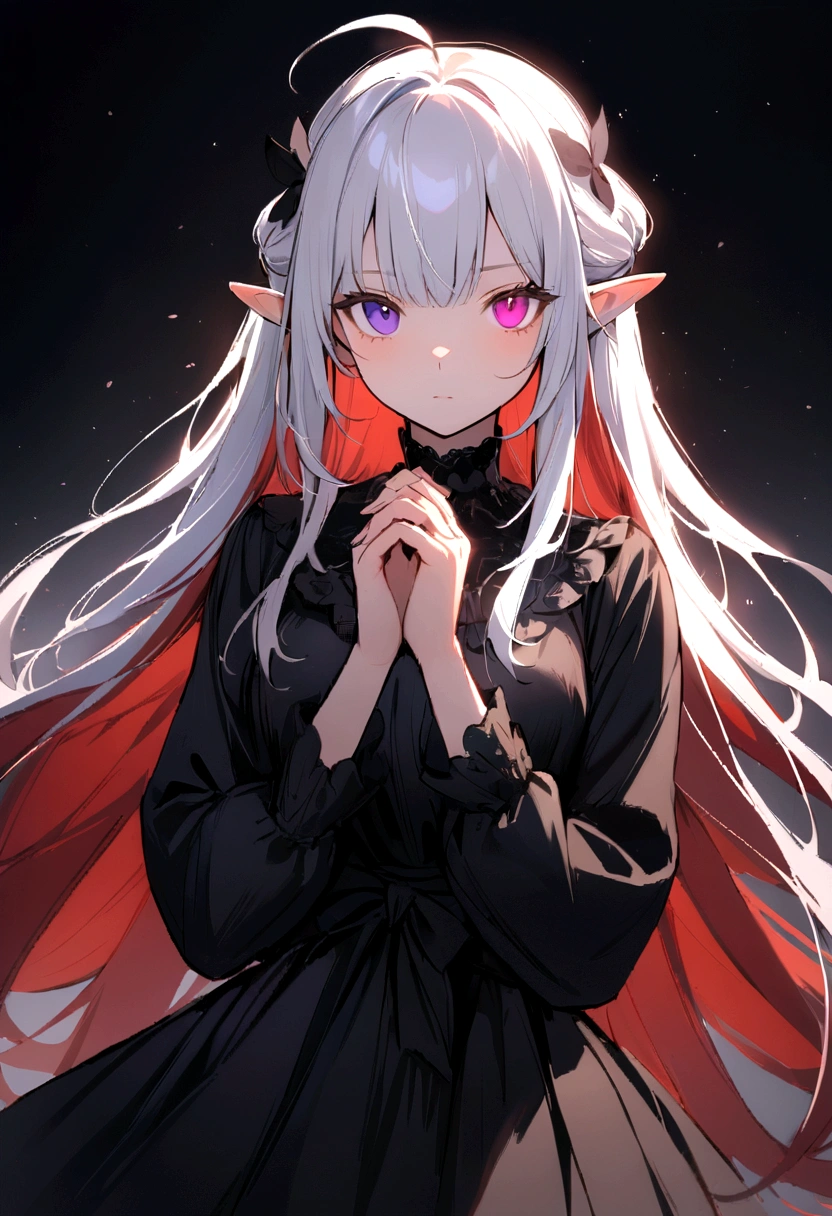 , (masterpiece:1.2), best quality,midjourney,
1girl, solo, long hair, white hair, looking at viewer, long sleeves, black dress, dress, own hands together, ahoge, very long hair, shirt, bangs, red hair, hair ornament, heterochromia, multicolored hair, pointy ears, purple eyes, white background, white shirt, closed mouth