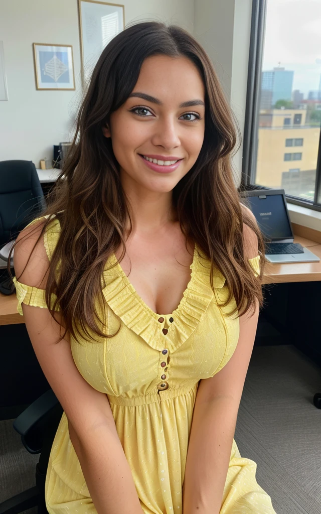 smiling, happy, beautiful brunette, sitting at an office desk, smiling wearing a pretty yellow dress with flowers on, large office with computers, very detailed, 40 years, innocent face, long hair, natural wavy, blue eyes, high resolution, masterpiece, best quality, intricate details, highly detailed, sharp focus, detailed skin, realistic skin texture, texture, detailed eyes, professional, 4k, charming smile, shot on Canon, 85mm, shallow depth of field, kodak vision color, perfect fit body, extremely detailed, foto_\(ultra\), photorealistic, realistic, post-processing, maximum detail, roughness, real life, ultra realistic, photorealism, photography, 8k uhd, photography, busty