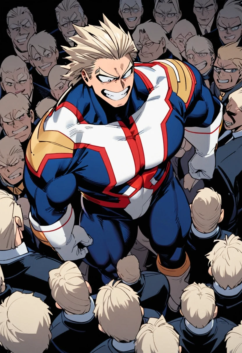 allmight, my hero academia, from front, super fine, bodysuits, lower body shot, middle-aged man, hunk, tight bodysuit, looking down and mouth wide open with shocked face, crotch get pinched by many people, crotch squeezed by many people,