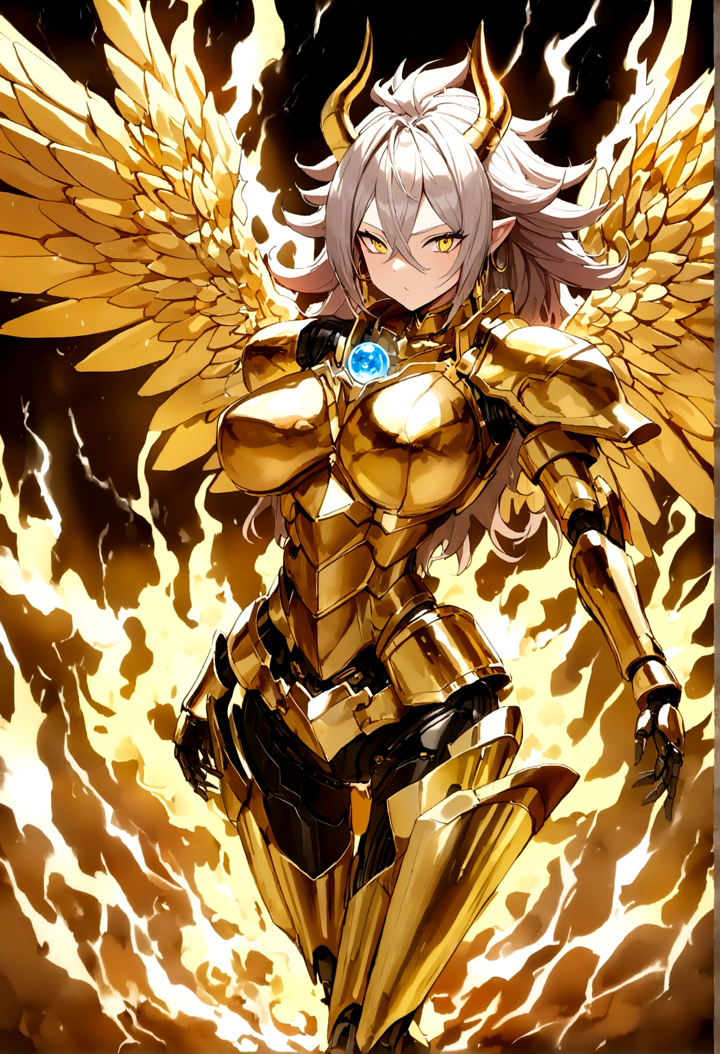 ((Lightning Power)), ((Electricity)), ((Fire Background)), ((Lightning Storm)), ((Power Erupting)), (((((android 21))))), ((((Large Rasengan)))), (((Evil Power))), (((white Coat))), (((Busty))), (((((Big breast:1,3)))), luxury bustier corset, (((silver hair))), (((Very slim waist))), propotional body, ((Gorgeous)), (((Fire Blazing Horns))), ((((gold wings))), masterpiece, hyperdetail, ambient effect, digital effect, (((Fire Gold Armor))), (((Lightning Gold Wings)))