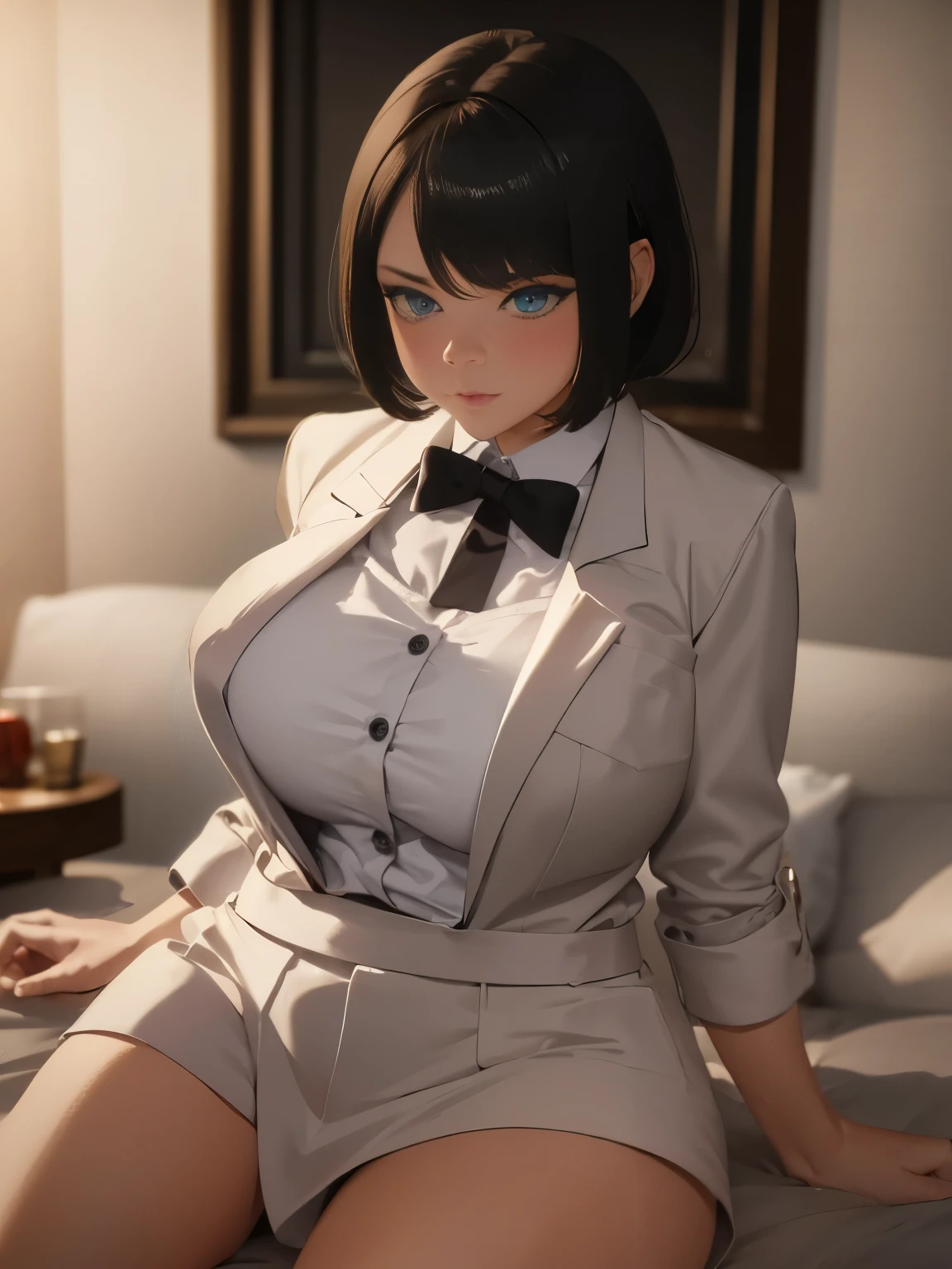 (1girl:1.3), Masterpiece, Best quality, amazing beauty, 4K, absurdres, finely detail, super detailed eye, perfect anatomy, official art, cinematic lighting, BREAK, bedroom, silky short hair, black hair, super shiny detailed blue eyes, embarrassed, BREAK , big breasts, sitting bed in bedroom, BREAK , (school uniform:1.2), BREAK,()