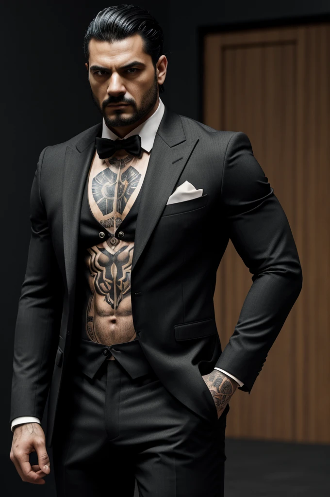 Hombre mafioso fumando whole body, black hair, black suit, muscular tattoos, same suit, conceptual art, whole body, detail_face, Official Art, official alternative costume, design style, multiple style, detail character, Original, massive detail, multiple views of the same character, No background, only detail character,multiple views,Masterpiece,Best Quality, HD