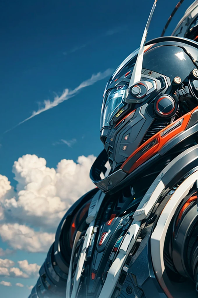 No text, Wide-angle lens, Background sea of clouds, Cyber Ronin, (Cyber Warrior:1.2)