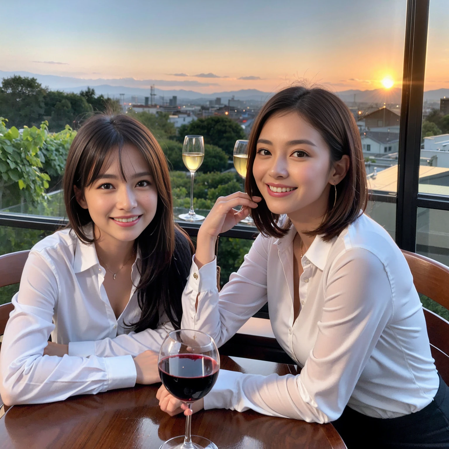 ((Highest quality、8K、masterpiece:1.3))、 (Ultra-realistic、 Genuine、Bright image、Intricate details:1.2), 最高のsmile、1 male、1 female、Beautiful couple、love love love、A lover who resembles Miki Nakatani、Good friends、actress couple、smile、Full-course dinner at a packed table、 (Slim face), (the body is slim), (Brown Hair), (short hair), テーブルのwine glass、Please shine a light on my face、 Amazing view of the sunset sky and clouds、42 years old 39 years old, red wine 、Appetizers、Wine bottle、sparkling wine、Long sleeve shirt、dress、White wine, red wine, wine glass, 