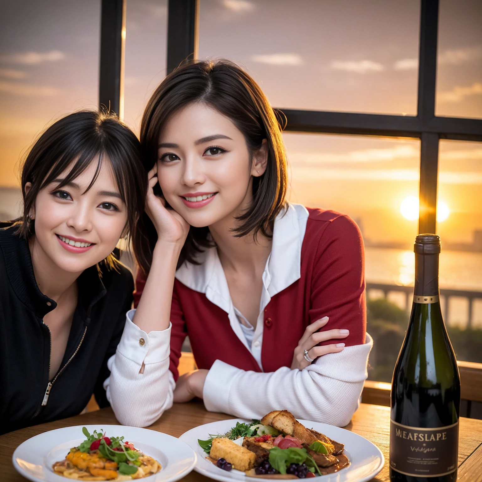 ((Highest quality、8K、masterpiece:1.3))、 (Ultra-realistic、 Genuine、Bright image、Intricate details:1.2), 最高のsmile、1 male、1 female、Beautiful couple、love love love、A lover who resembles Miki Nakatani、Good friends、actress couple、smile、Full-course dinner at a packed table、 (Slim face), (the body is slim), (Brown Hair), (short hair), テーブルのwine glass、Please shine a light on my face、 Amazing view of the sunset sky and clouds、42 years old 39 years old, red wine 、Appetizers、Wine bottle、sparkling wine、Long sleeve shirt、dress、White wine, red wine, wine glass,