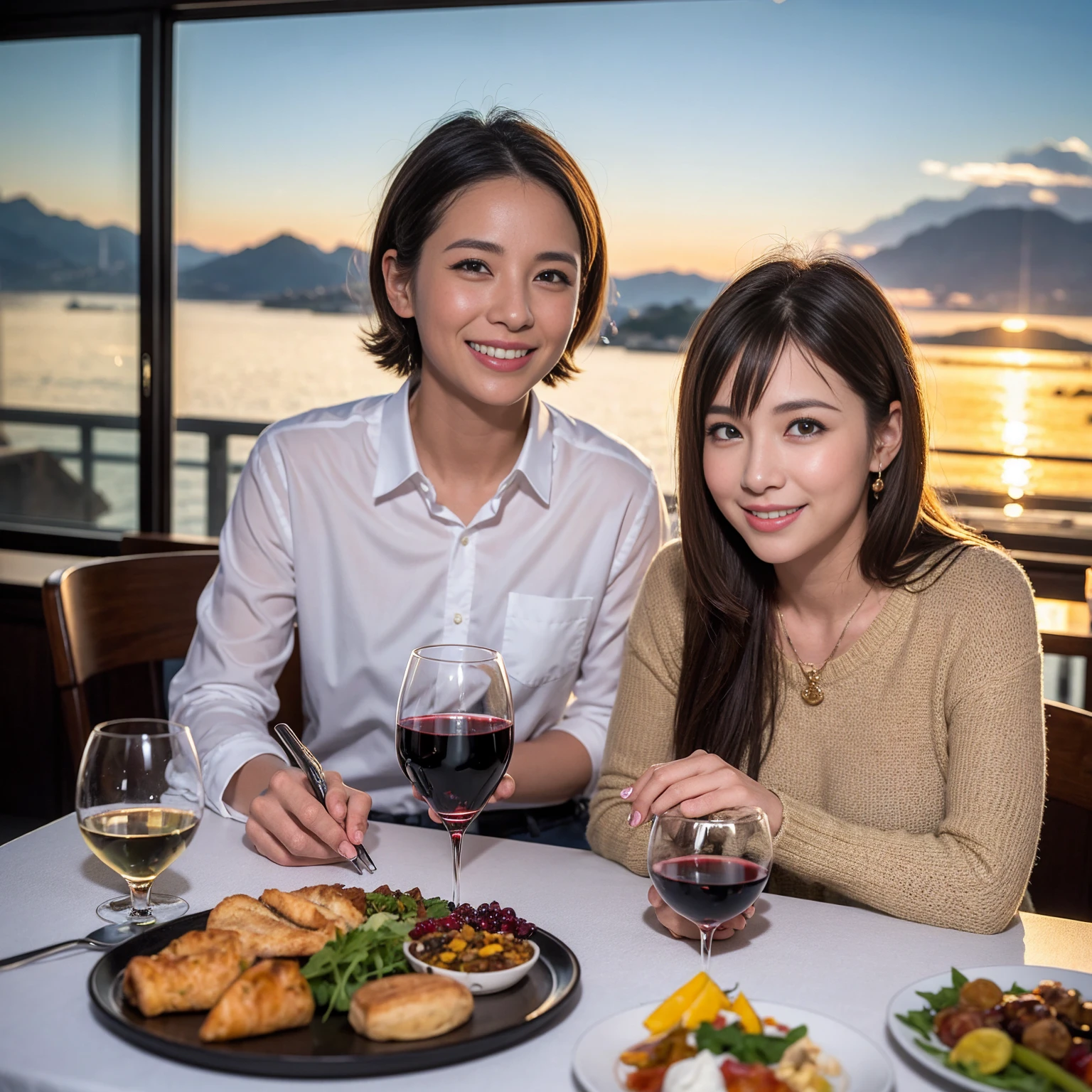 ((Highest quality、8K、masterpiece:1.3))、 (Ultra-realistic、 Genuine、Bright image、Intricate details:1.2), 最高のsmile、1 male、1 female、Beautiful couple、love love love、A lover who resembles Miki Nakatani、Good friends、actress couple、smile、Full-course dinner at a packed table、 (Slim face), (the body is slim), (Brown Hair), (short hair), テーブルのwine glass、Please shine a light on my face、 Amazing view of the sunset sky and clouds、42 years old 39 years old, red wine 、Appetizers、Wine bottle、sparkling wine、Long sleeve shirt、dress、White wine, red wine, wine glass, 