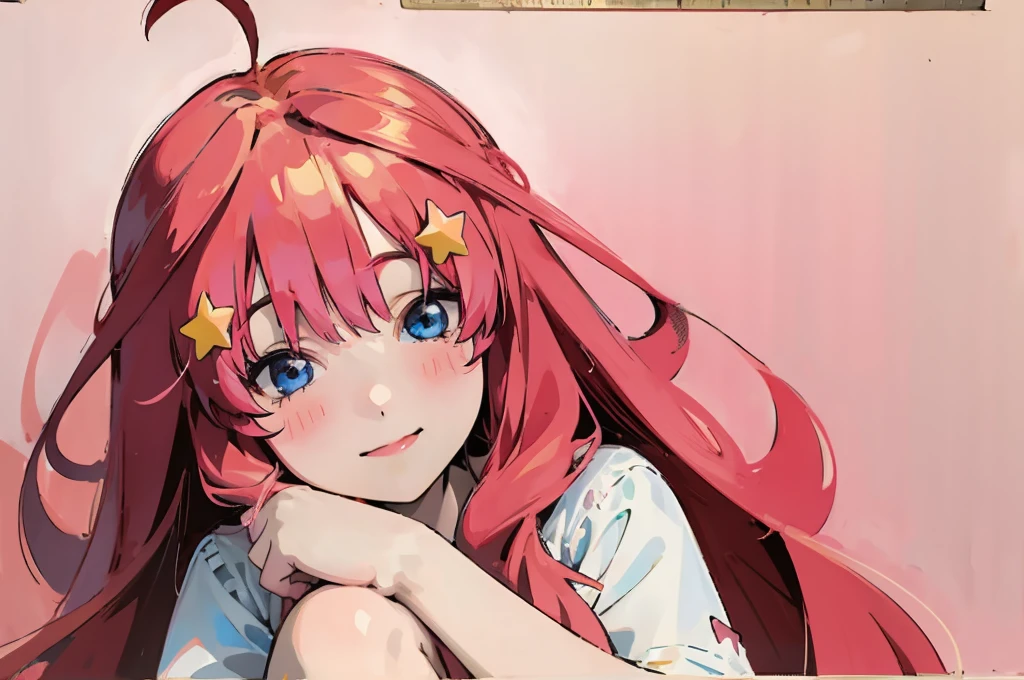 ((best quality)), ((masterpiece)), (detailed), perfect face, 1girl, nakano itsuki, smiling, whimsical, triad color pallette, hugging knees, looking at viewer, pink water droplets, smiling, flat colouring, full body, blank space on the left, fluffy red hair, star hairclips