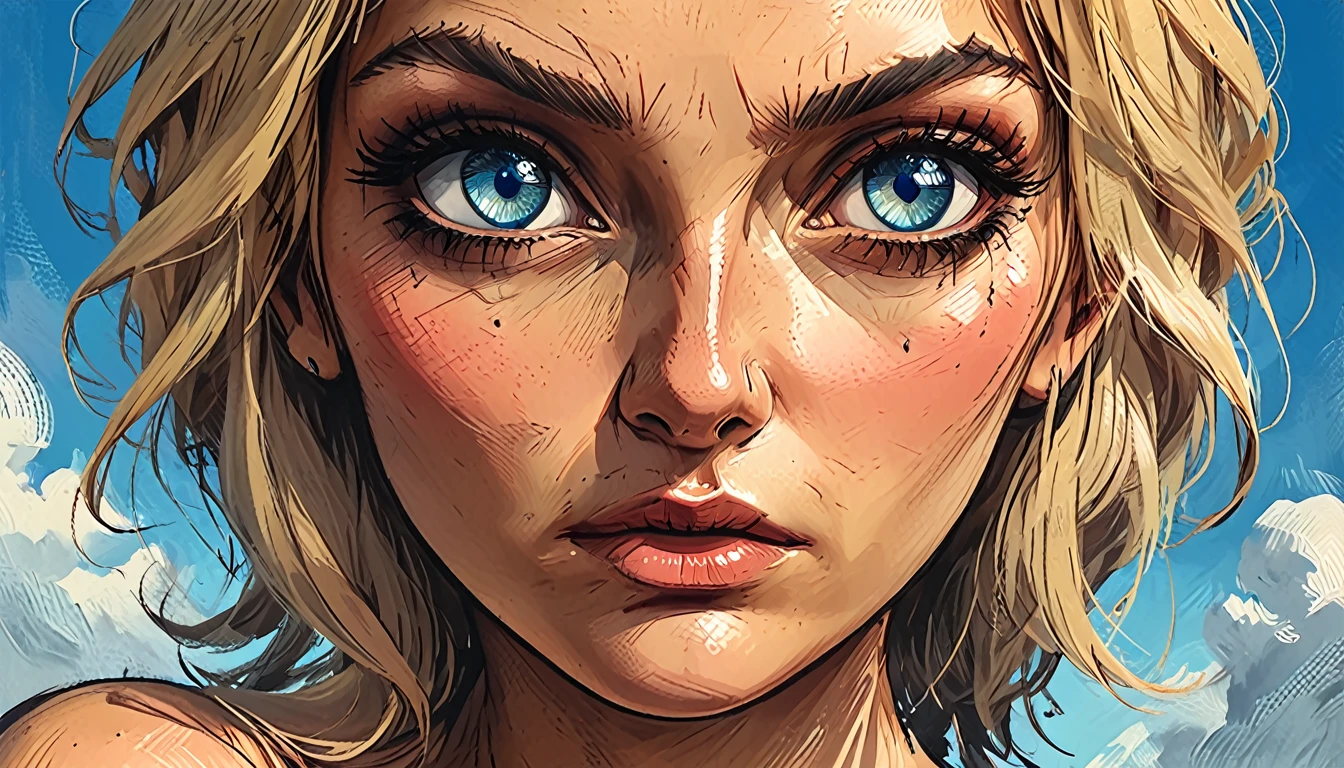 macro blue Eyes,
on cloud sky background, shadows, 
head turn, 
fisheye,

close up portrait girl, adult, [Nordic], Hourglass  perfect Olive skin, Oval Face, Long neck, Rounded shoulders, Attached Pointed ears, round forehead, Short blonde Waves pixie hair, snub nose, Arched eyebrows, (((monolid blue Eyes))), High Round Narrow cheekbones, Dimpled Cheeks, Rounded Chin, Rounded Jawline, Fine Puppet Wrinkles, Full nude Lips, Nude Makeup Look, long eyelashes, 
 graphic style of novel comics, 
2d, 8k, iMax, hyperrealism, masterpiece, high resolution, best quality, ultra-detailed, super realistic, Hyperrealistic art, high-quality, ultra high res, highest detailed, lot of details, Extremely high-resolution details, incredibly lifelike, colourful,