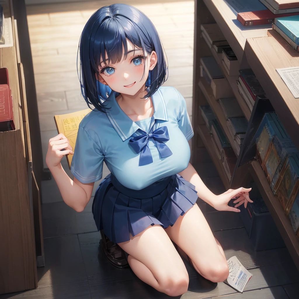 1. High school girl　17-year-old female　Bobcut　dark blue hair color　High School Uniform　Light blue Y-shirt　Short sleeve　Blue Ribbon　dark blue hair color　Slim figure　Large Breasts　Full body portrait　学校のlibrary　Smiling Kindly　Cheerful expression　library　Hand Signs　Squat　Kneel　Look up here　