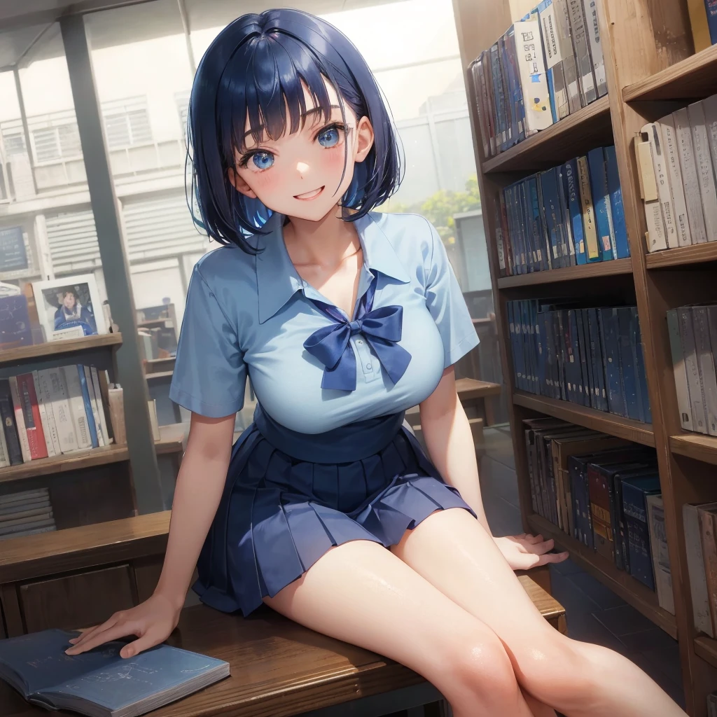 1. High school girl 17-year-old female Bobcut dark blue hair color High School Uniform Light blue Y-shirt Short sleeve Blue Ribbon dark blue hair color Slim figure Large Breasts Full body portrait 学校のlibrary Smiling Kindly Cheerful expression library Hand Signs Squat Kneel Look up here