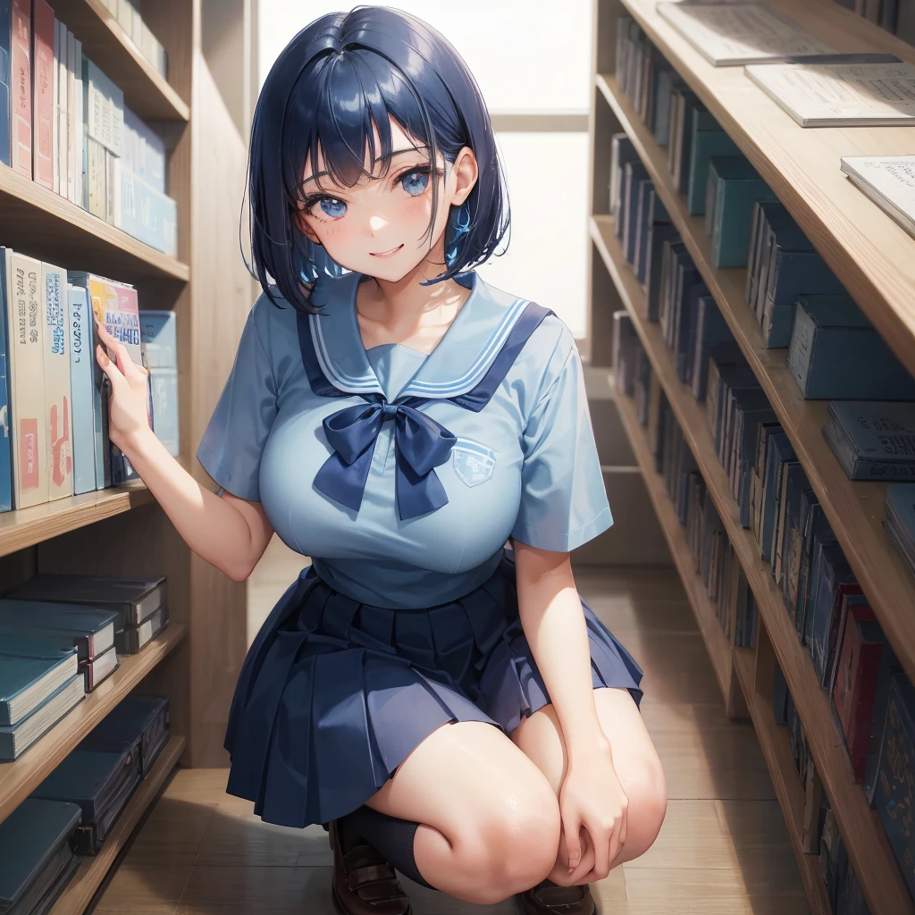 1. High school girl 17-year-old female Bobcut dark blue hair color High School Uniform Light blue Y-shirt Short sleeve Blue Ribbon dark blue hair color Slim figure Large Breasts Full body portrait 学校のlibrary Smiling Kindly Cheerful expression library Hand Signs Squat Kneel Look up here