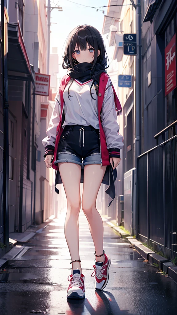 1girl,,legwear,,anklet,black hair,straight_hair,hime cut,long hair,sneakers,huge filesize,scarf，shorts