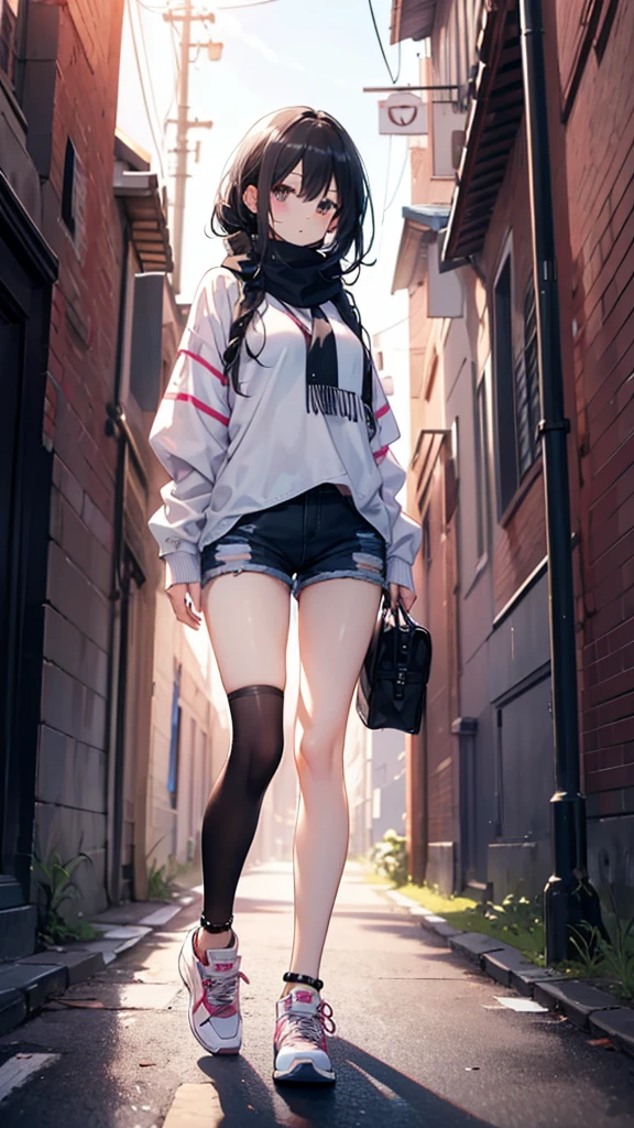1girl,,legwear,,anklet,black hair,straight_hair,hime cut,long hair,sneakers,huge filesize,scarf,shorts
